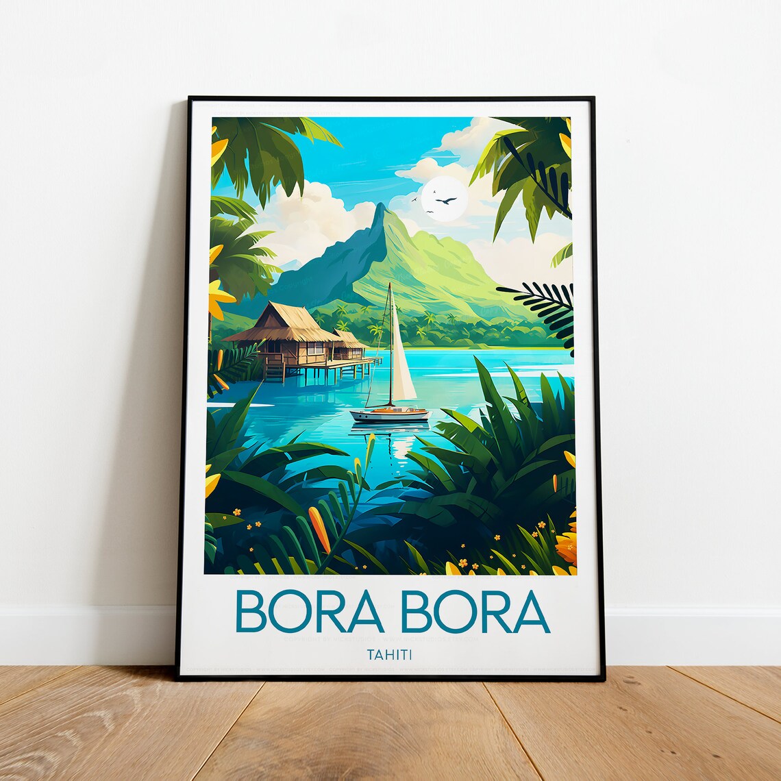 Bora Bora Tahiti Overwater Bungalow Lagoon And Sailboat Poster - Image 2