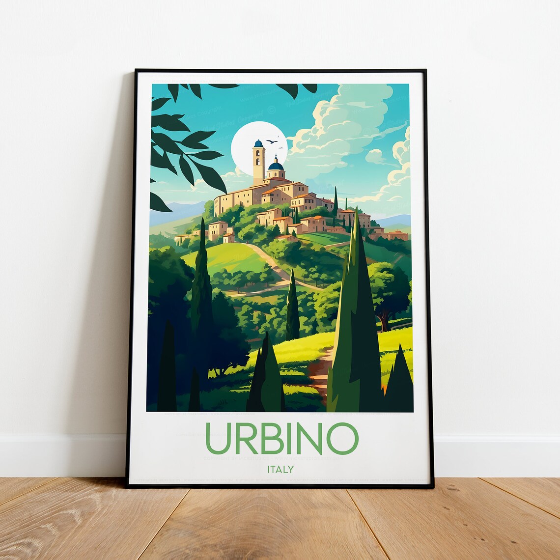 Urbino Italy Hilltop Town Cathedral Cypress Hills Travel Poster