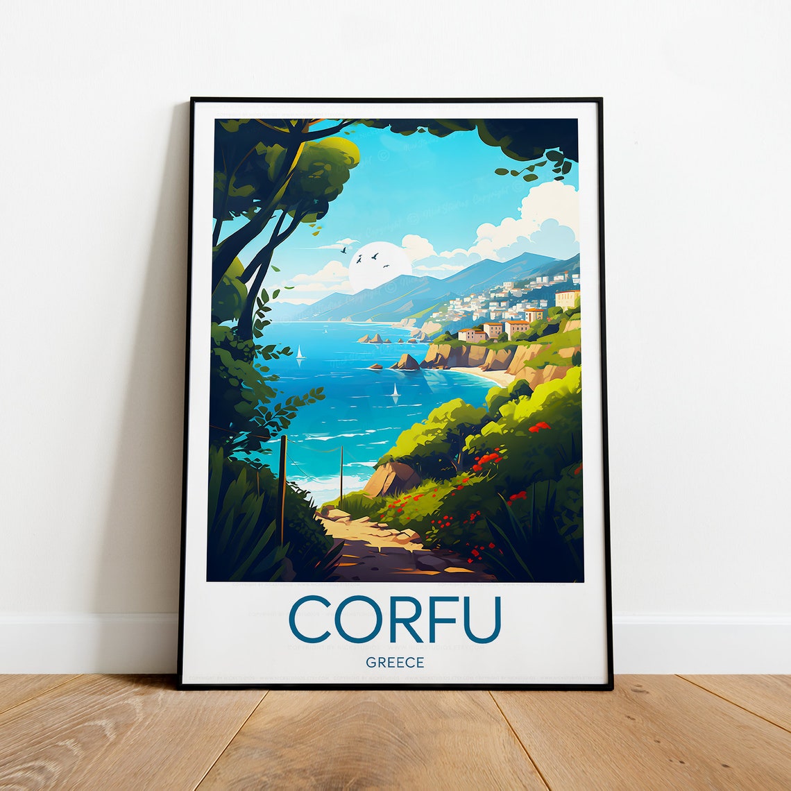 Corfu Greece Turquoise Cove View Through Trees Travel Poster