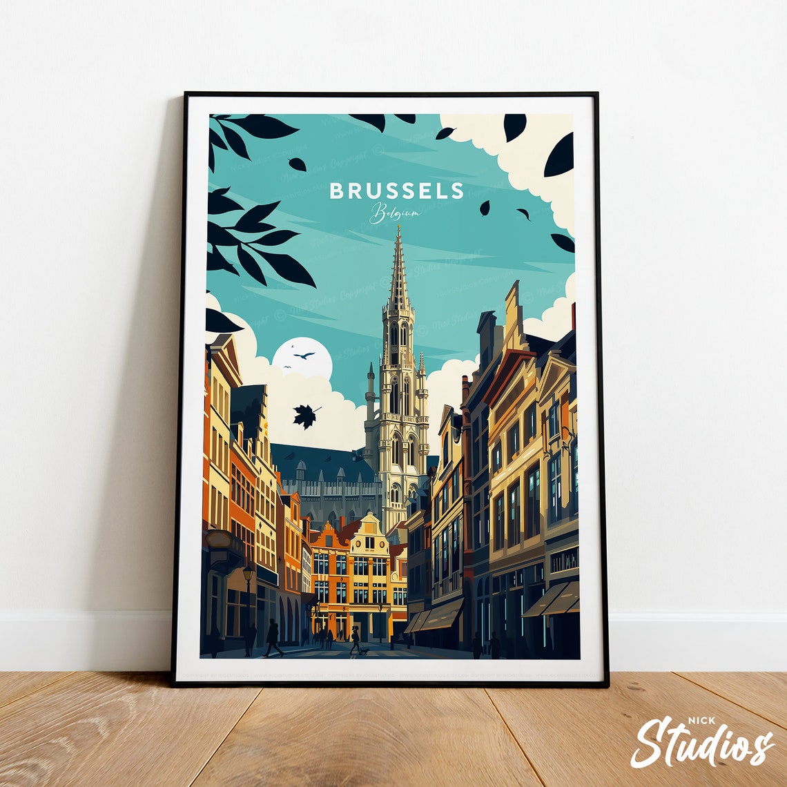Brussels Belgium Traditional Grand Place Tower Travel Poster Art