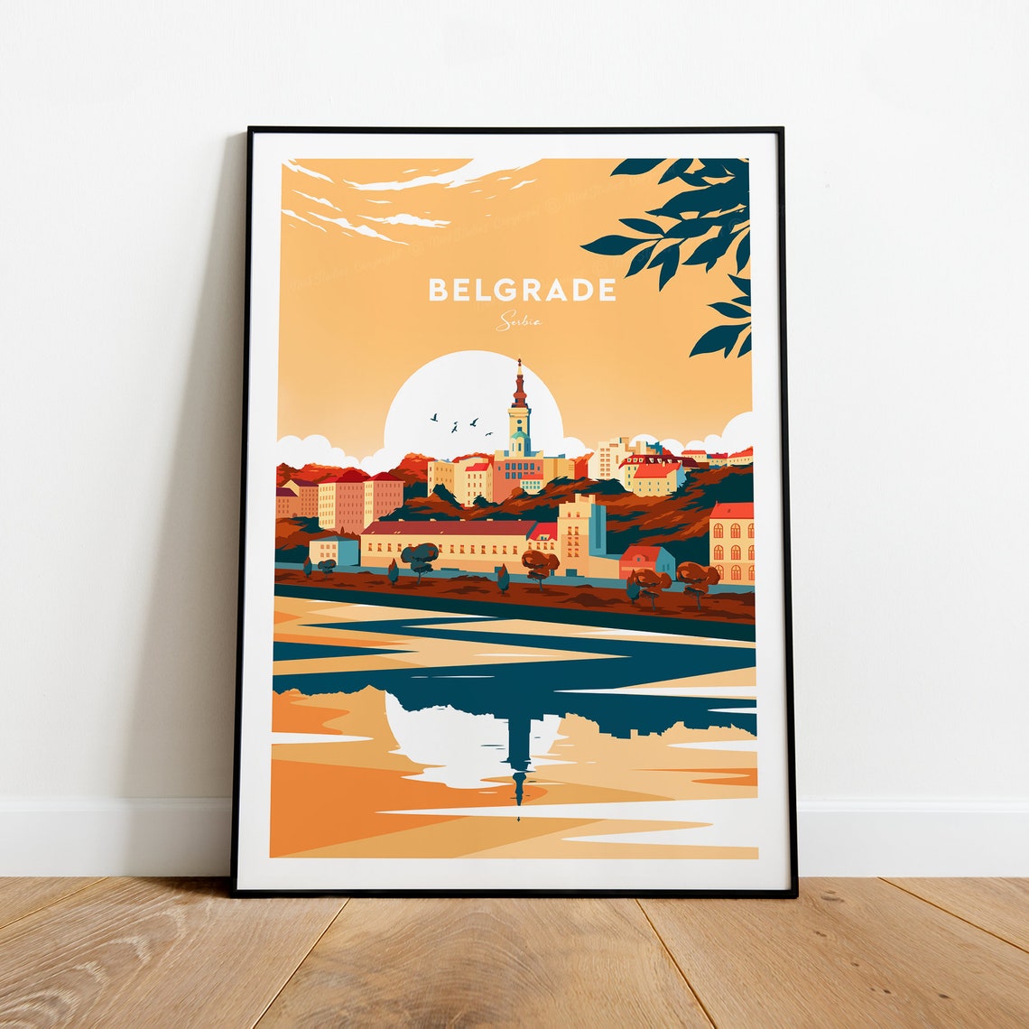 Belgrade Serbia Riverside Sunset Historic Cityscape Mirror Poster