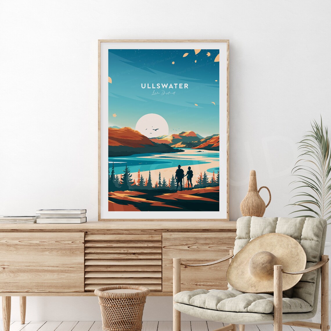 Ullswater Lake District Sunset Hikers Lakeshore Travel Poster