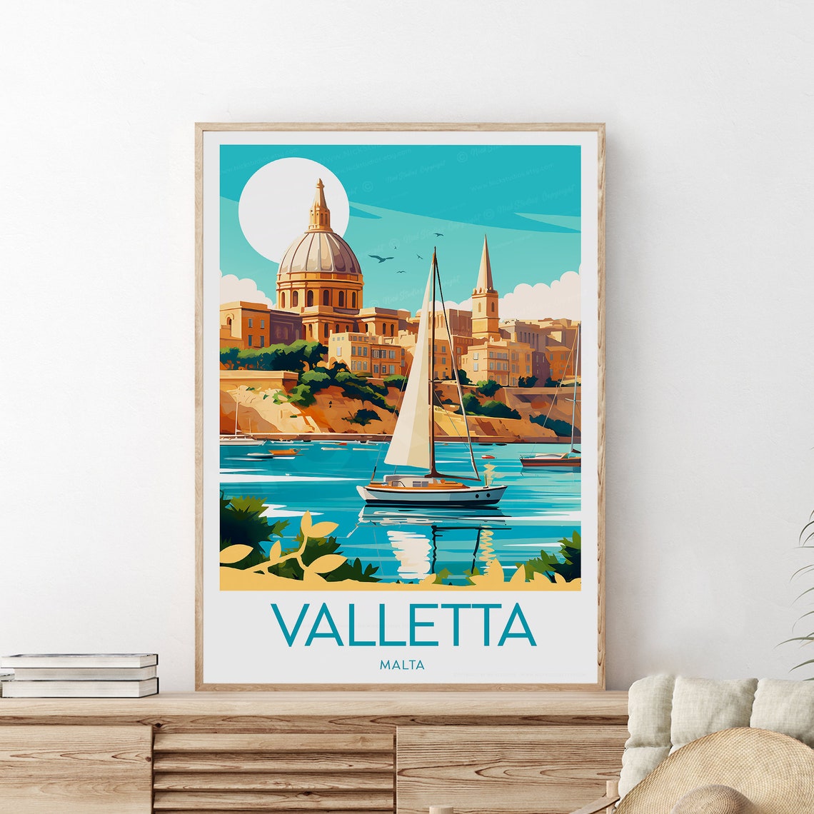 Valletta Malta Harbour Sailboat Cathedral Dome Travel Poster - Image 2