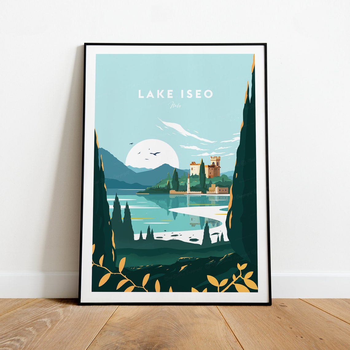 Lake Iseo Italy Castle Shoreline Sunset Vintage Travel Poster - Image 2