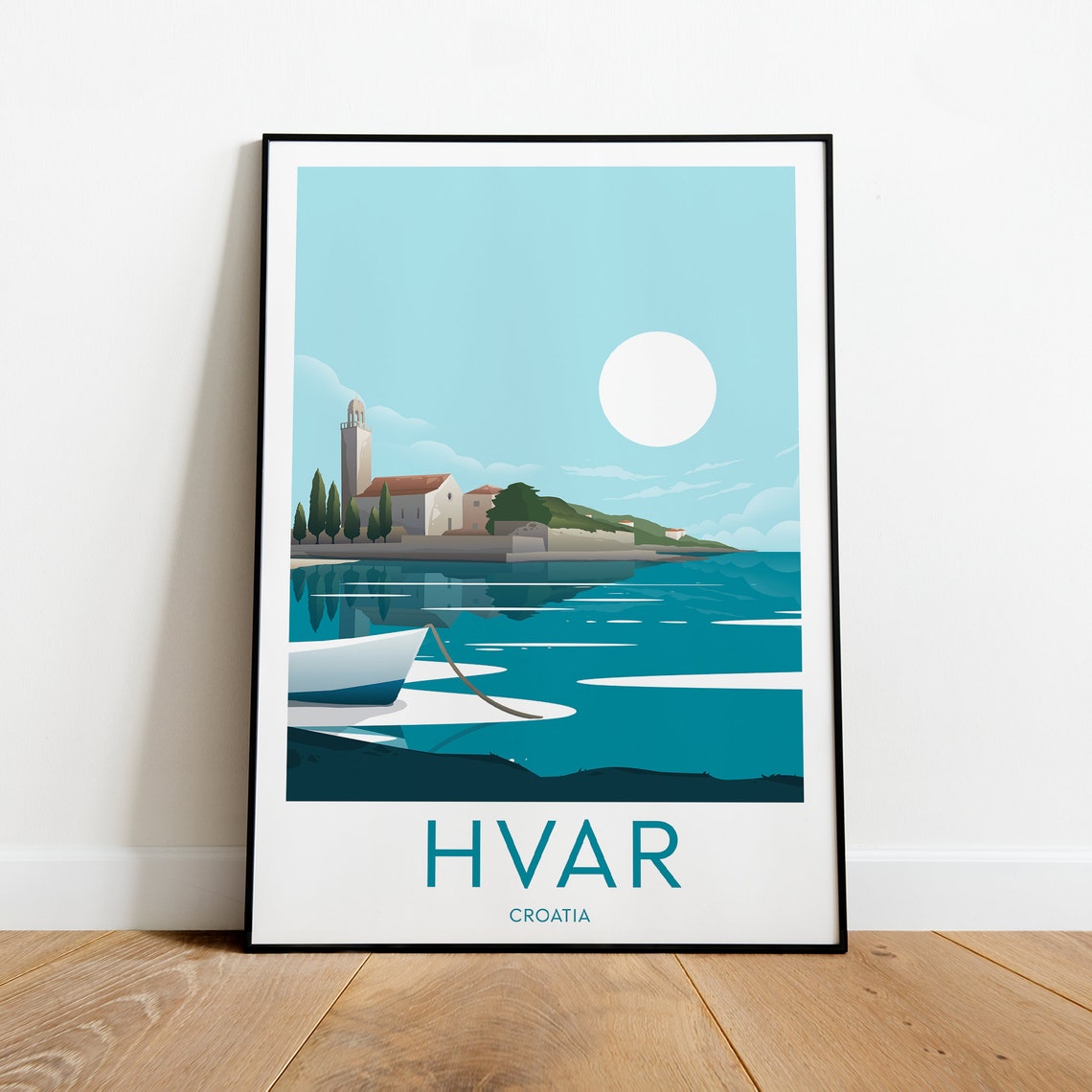 Hvar Croatia Harbor Church White Boat Calm Island View Poster