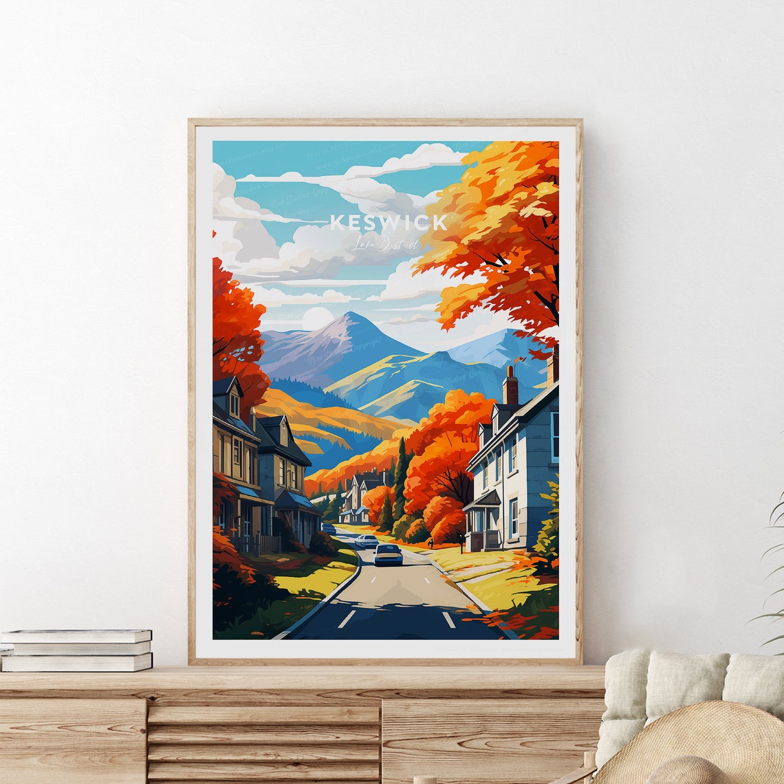 Keswick Lake District Autumn Street With Fell Views Scene Poster - Image 2