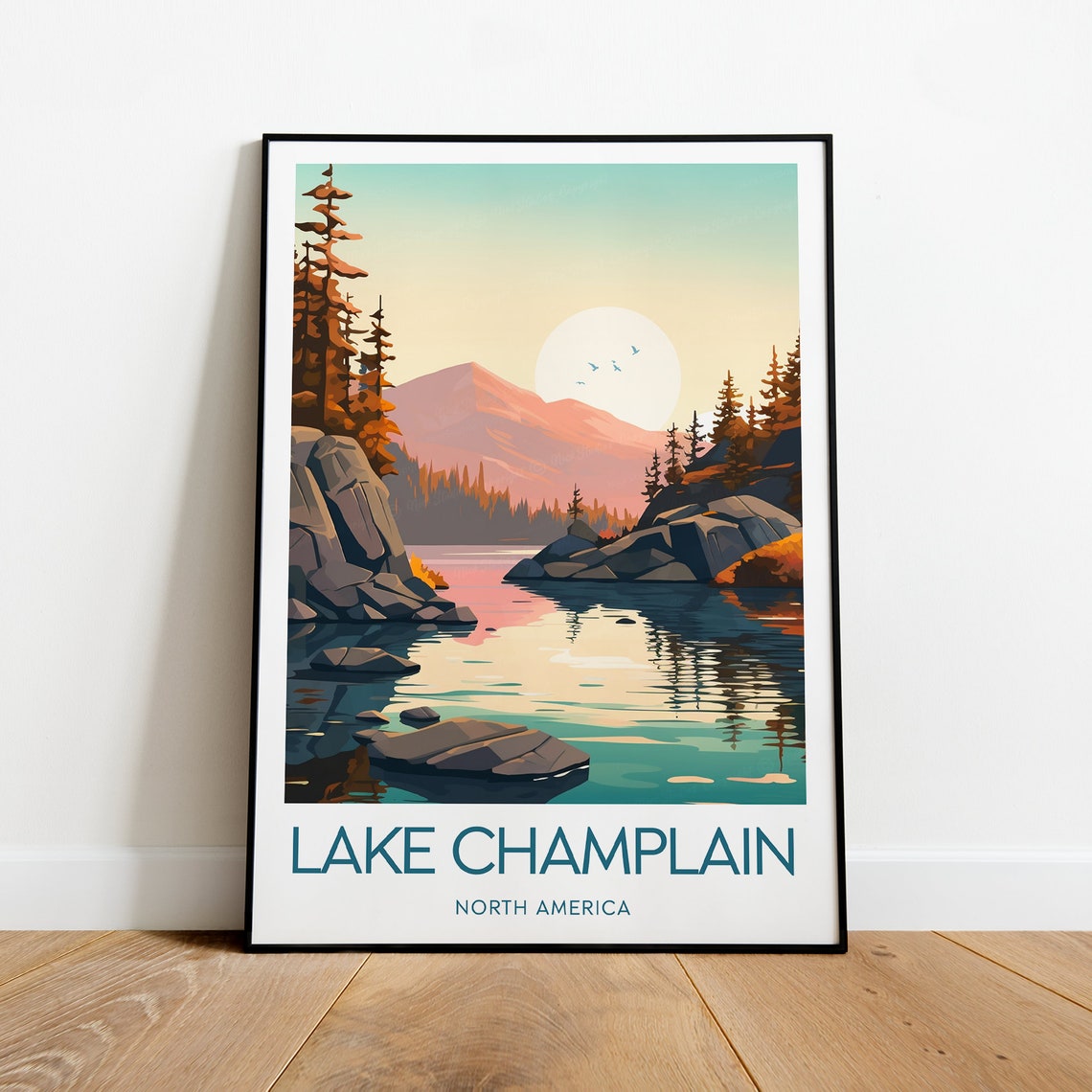 Lake Champlain Dawn Rocky Lakeshore Mountains North America Poster - Image 2