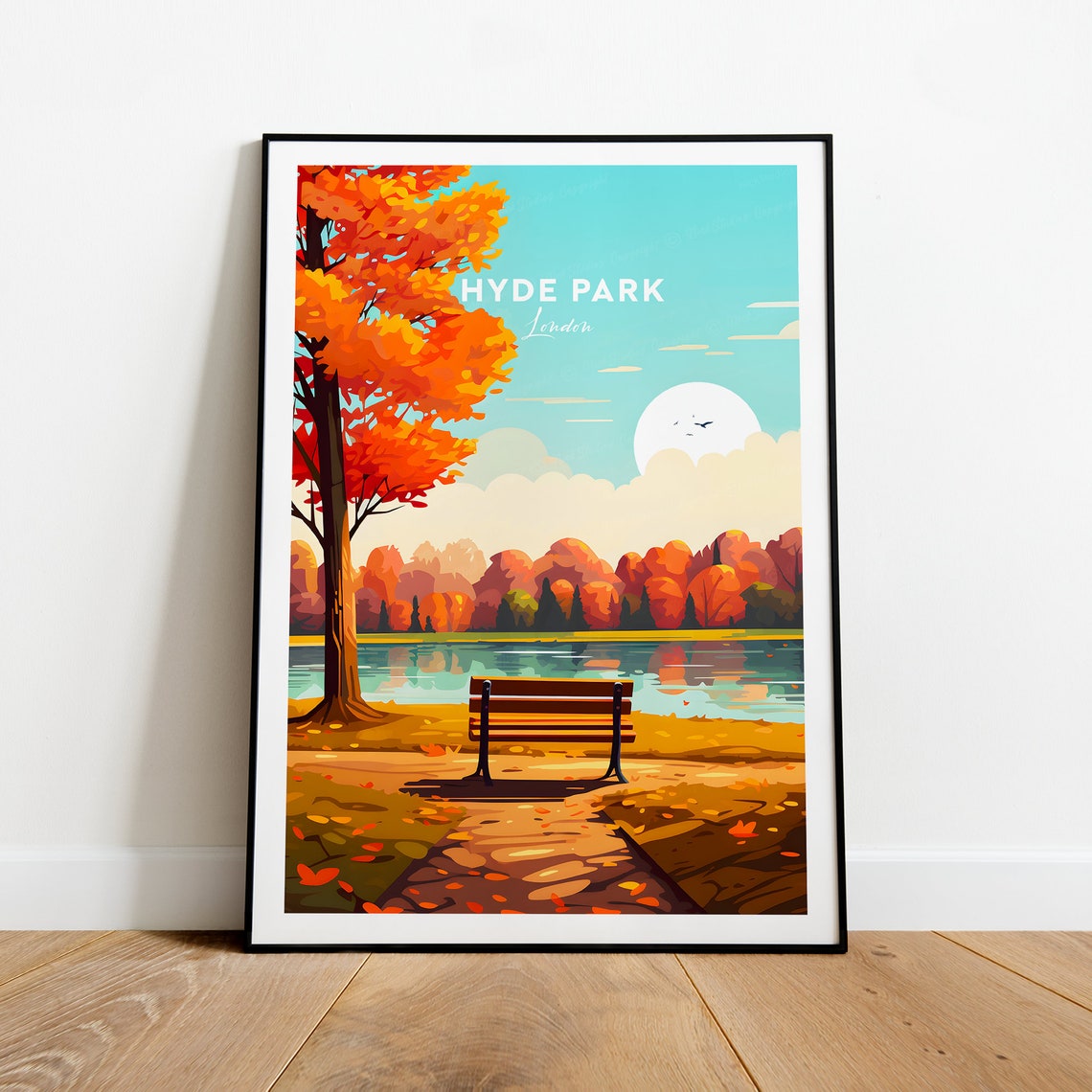 Retro Hyde Park London Fall Park Bench Lakeside Scene Travel Wall Art - Image 2