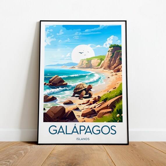 Galapagos Islands Giant Tortoise Rocky Beach Wildlife Travel Poster