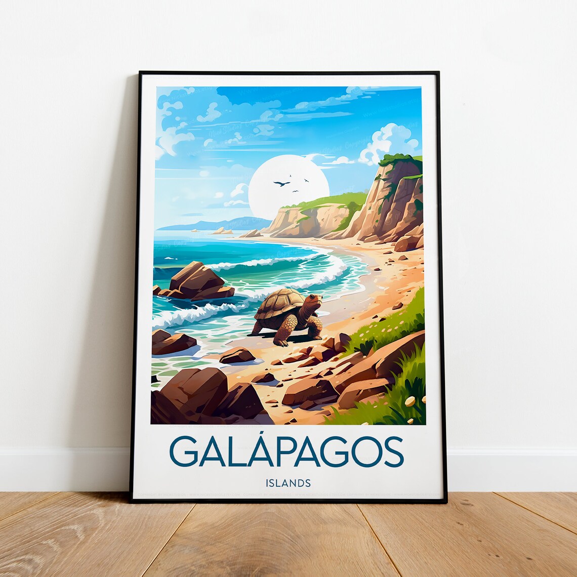 Galapagos Islands Giant Tortoise Rocky Beach Wildlife Travel Poster