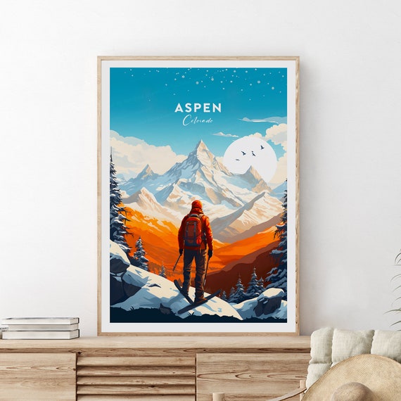 Aspen Traditional Ravel Print Colorado Aspen Poster Ski Poster Ski Resort Print Skier Artwork Wedding Gift Birthday