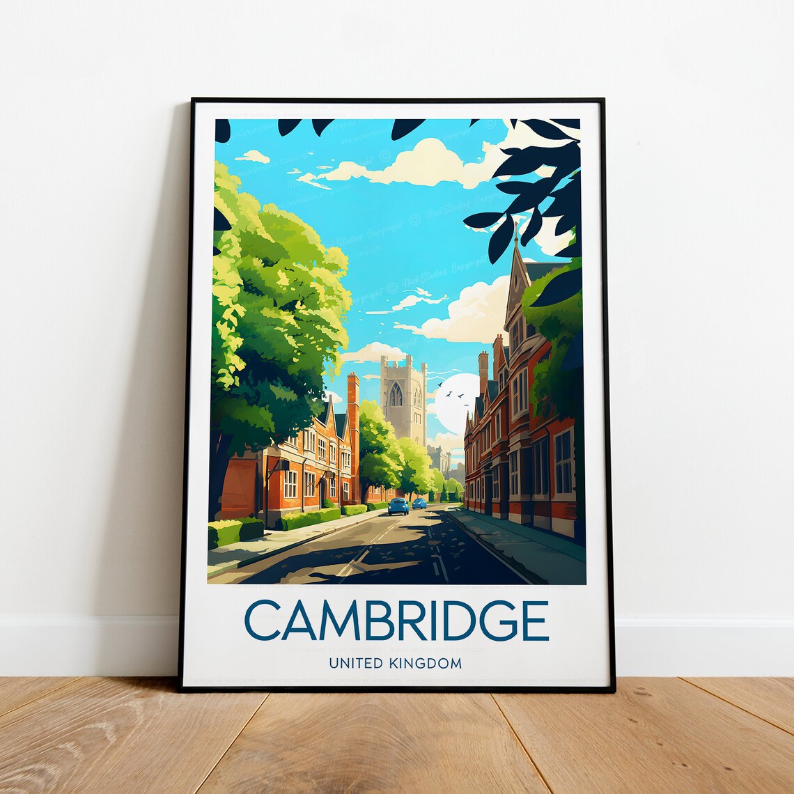 Cambridge England University College Street Spring Travel Poster - Image 2