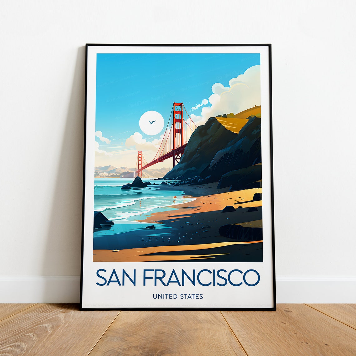 San Francisco Golden Gate Bridge at Sunset Beach Travel Poster