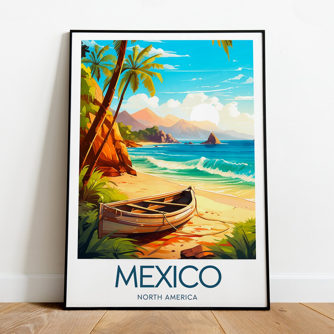 Mexico North America Tropical Beach Boat Palms Travel Poster