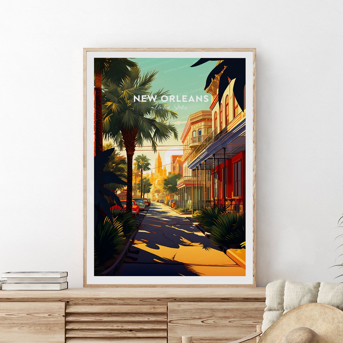 New Orleans French Quarter Palms Sunset Vintage Travel Poster