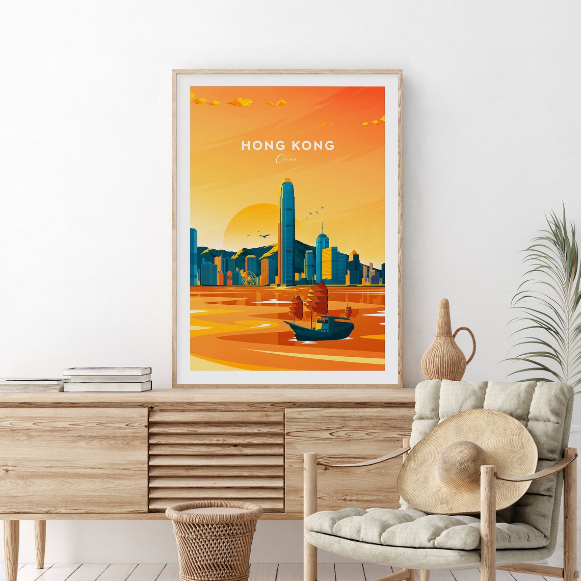 Hong Kong China Skyline Junk Boat Orange Sunset Scene Poster - Image 2