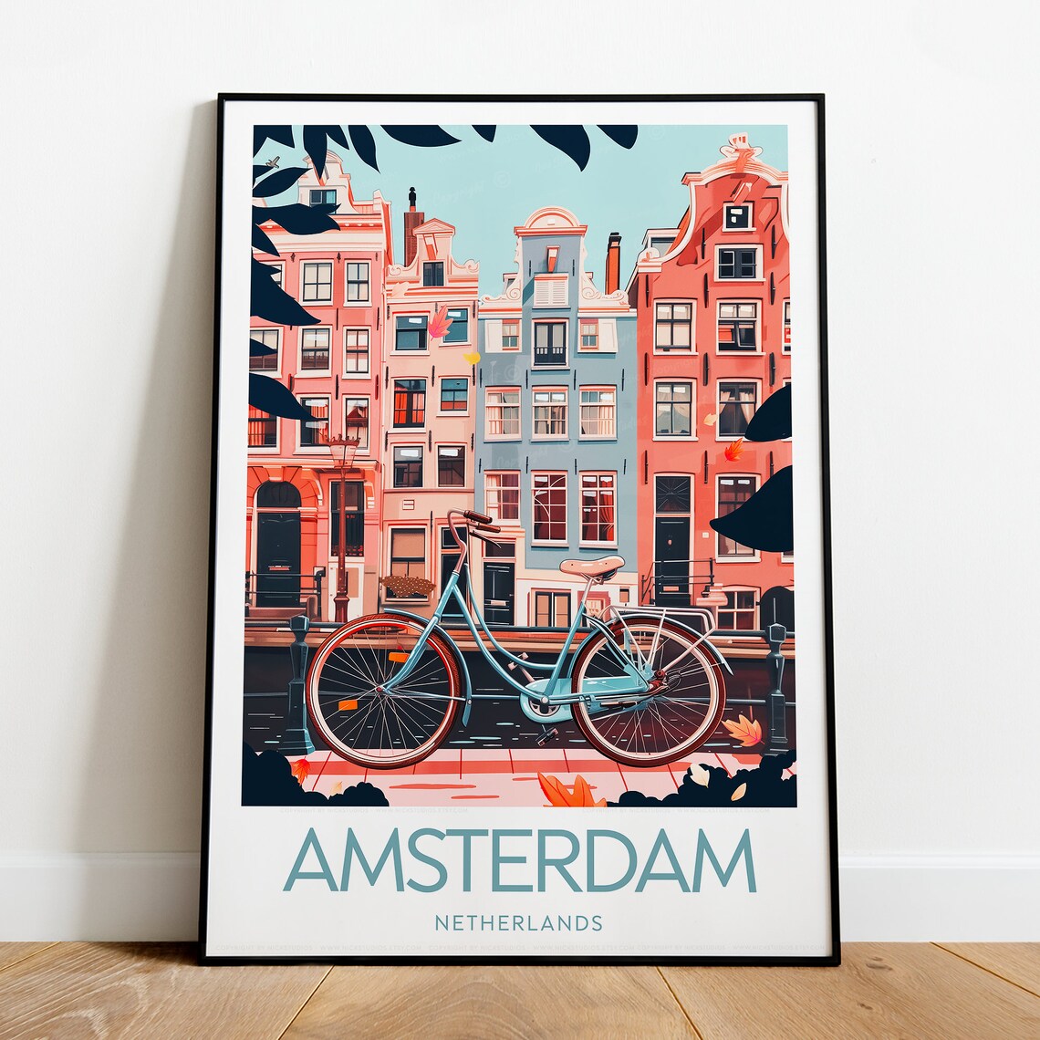Amsterdam Netherlands Bicycle and Canal Houses Vintage Travel Poster - Image 2