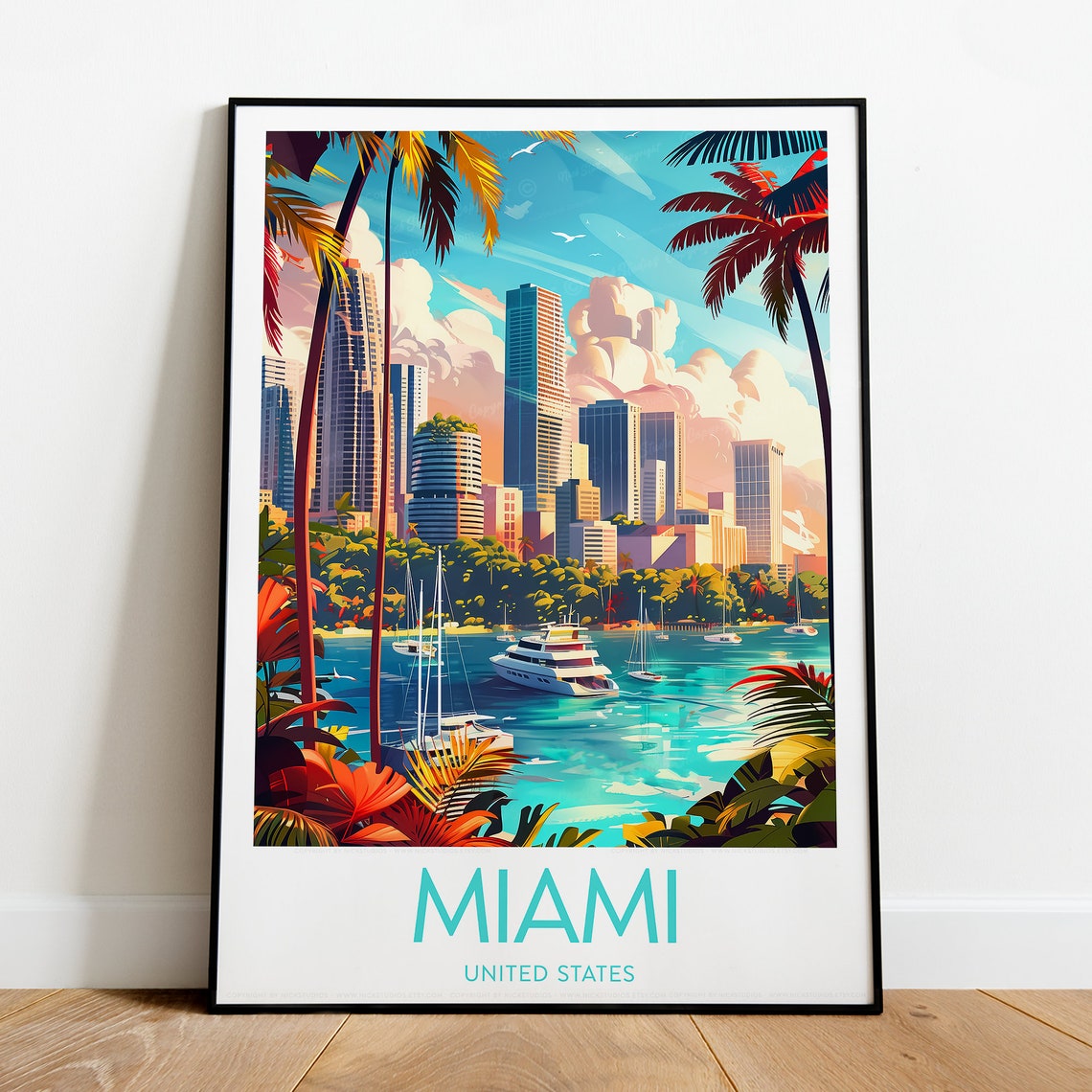 Miami Florida Skyline Palms Marina Yacht Vibrant Travel Poster