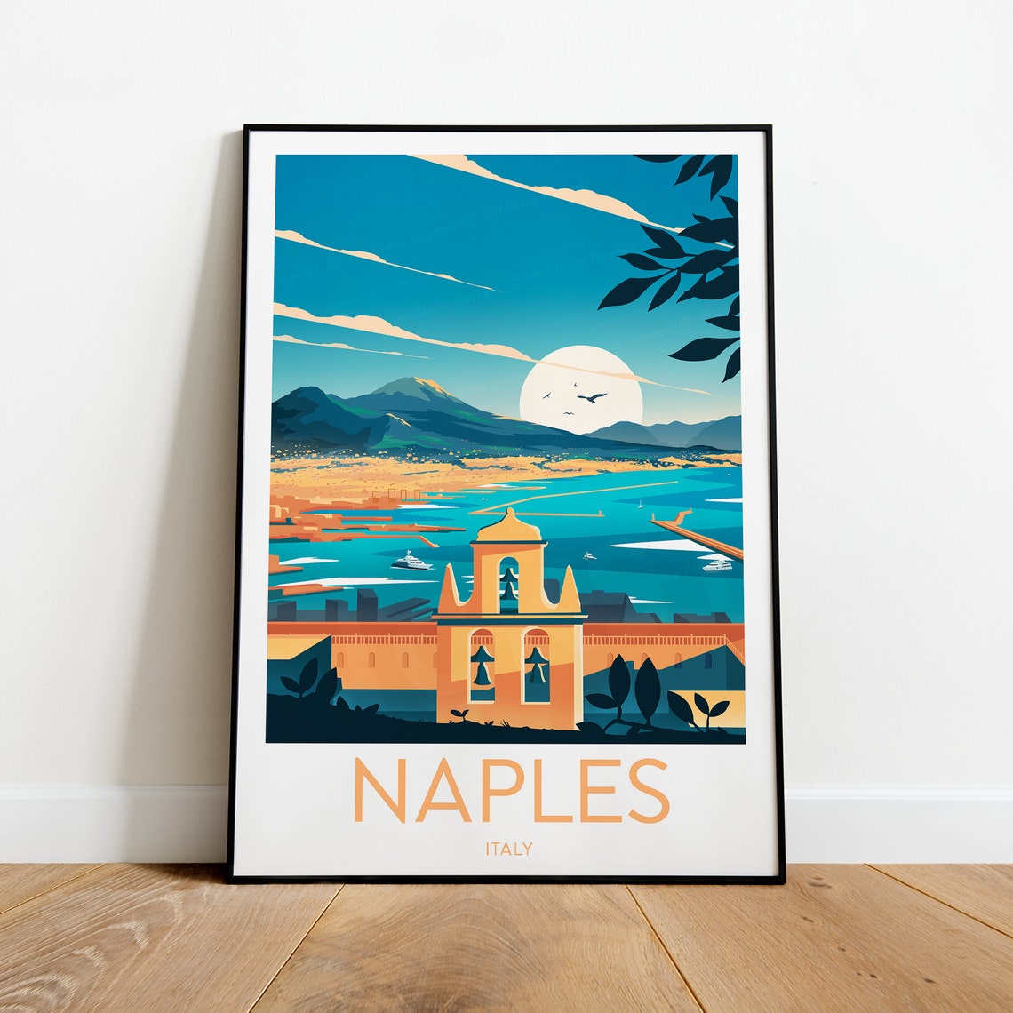 Naples Italy Bay of Naples With Vesuvius and Bell Tower Travel Poster