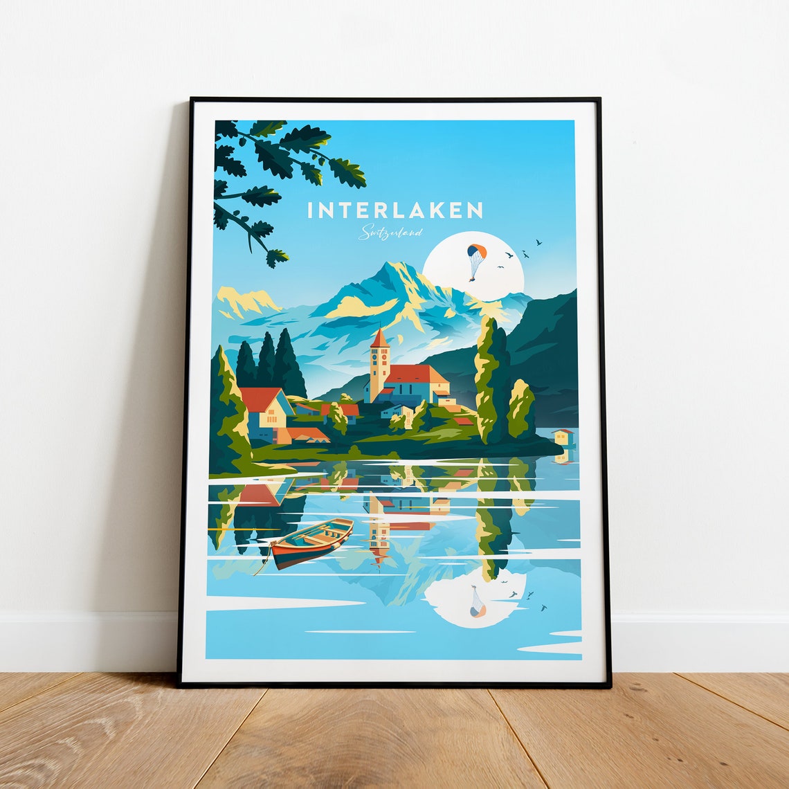 Interlaken Switzerland Lake Reflection Paraglider Alps Travel Poster
