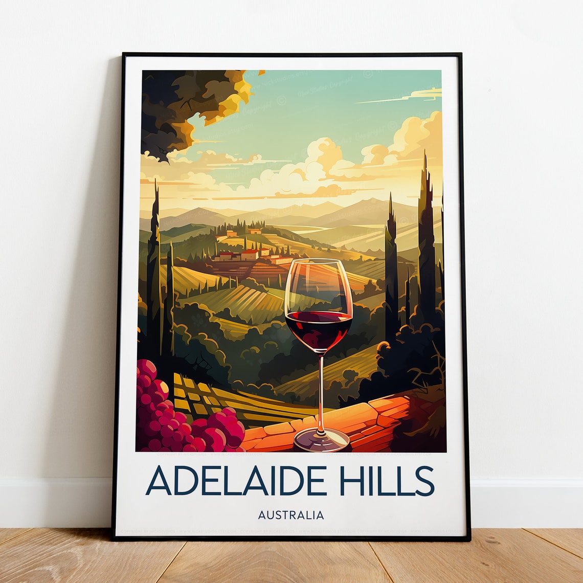 Adelaide Hills Australia Vineyard Wine Glass Sunset Travel Poster - Image 2