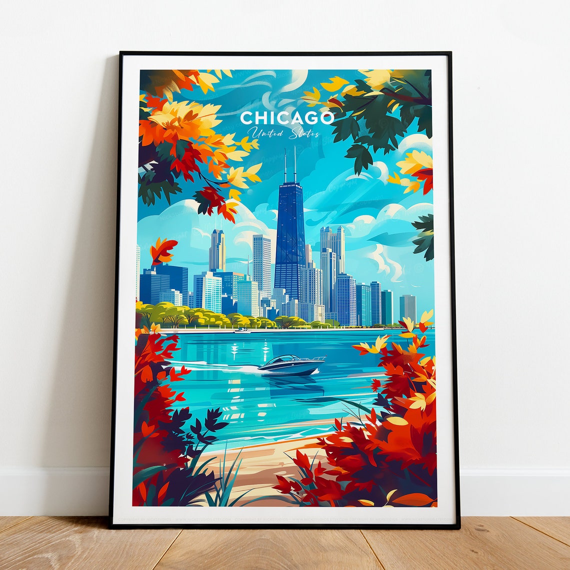 Chicago United States Skyline Fall Foliage Waterfront Travel Poster - Image 2