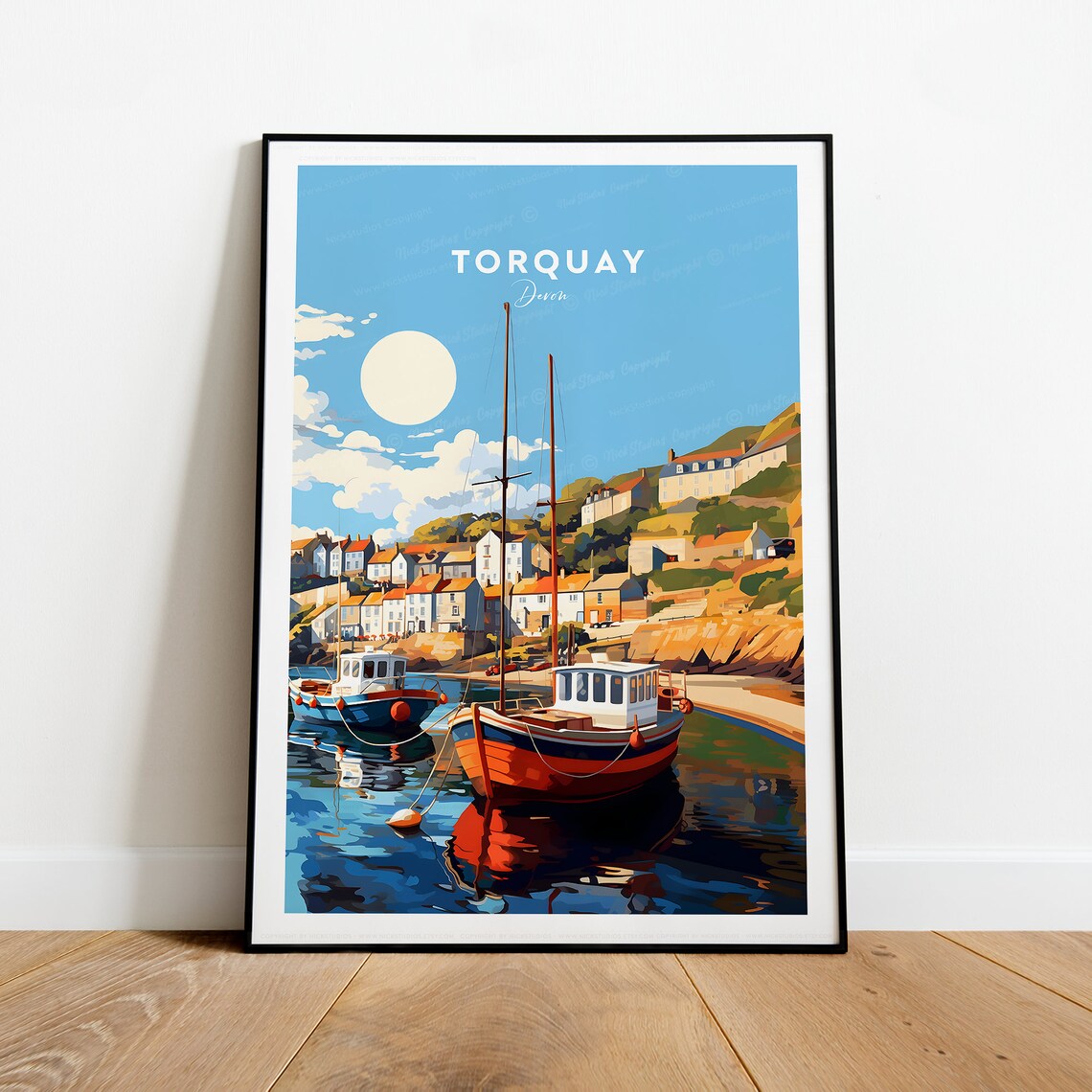 Torquay Devon Harbor Fishing Boats Sunny Coastal Travel Poster