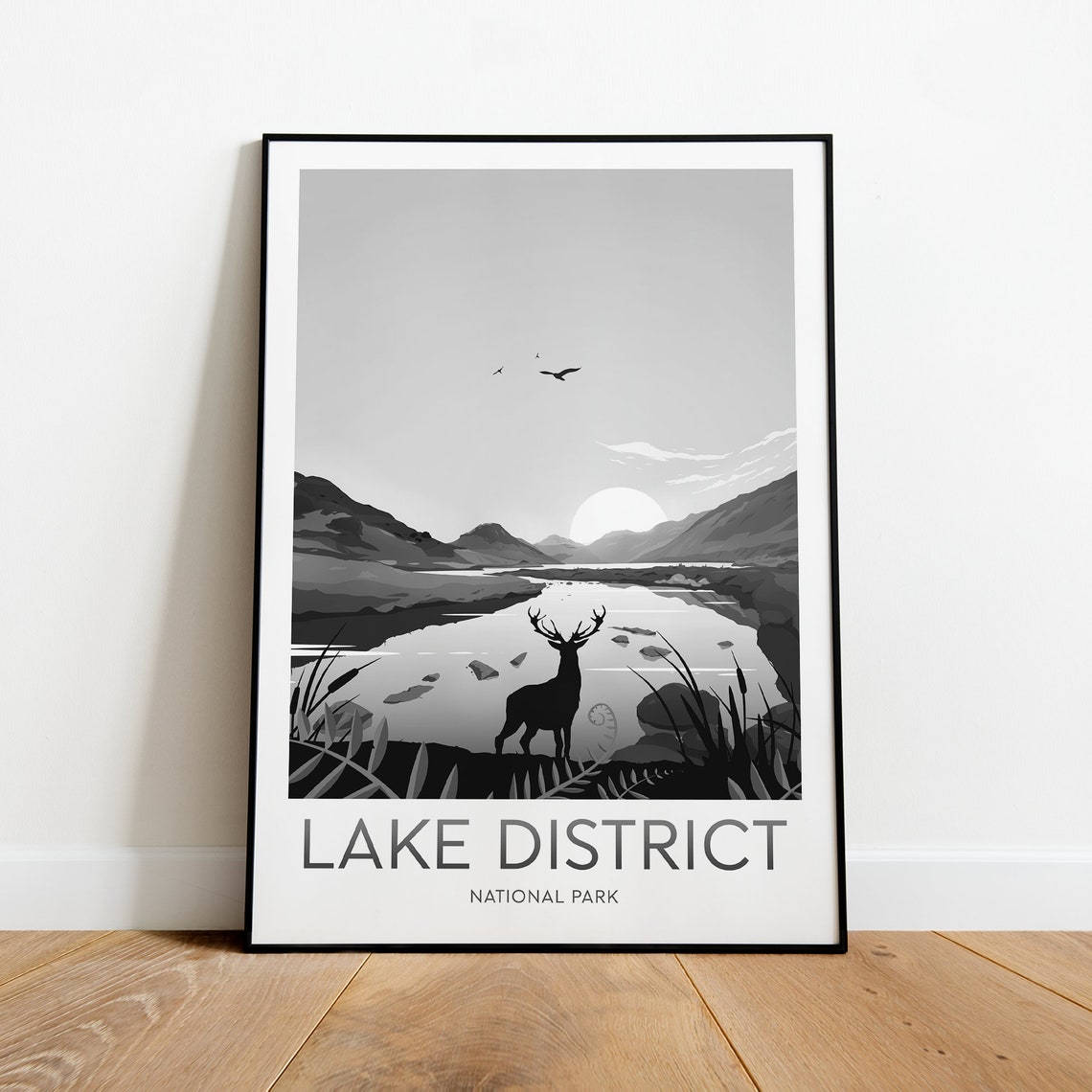 Lake District Stag Silhouette Black and White Lake Sunset Poster
