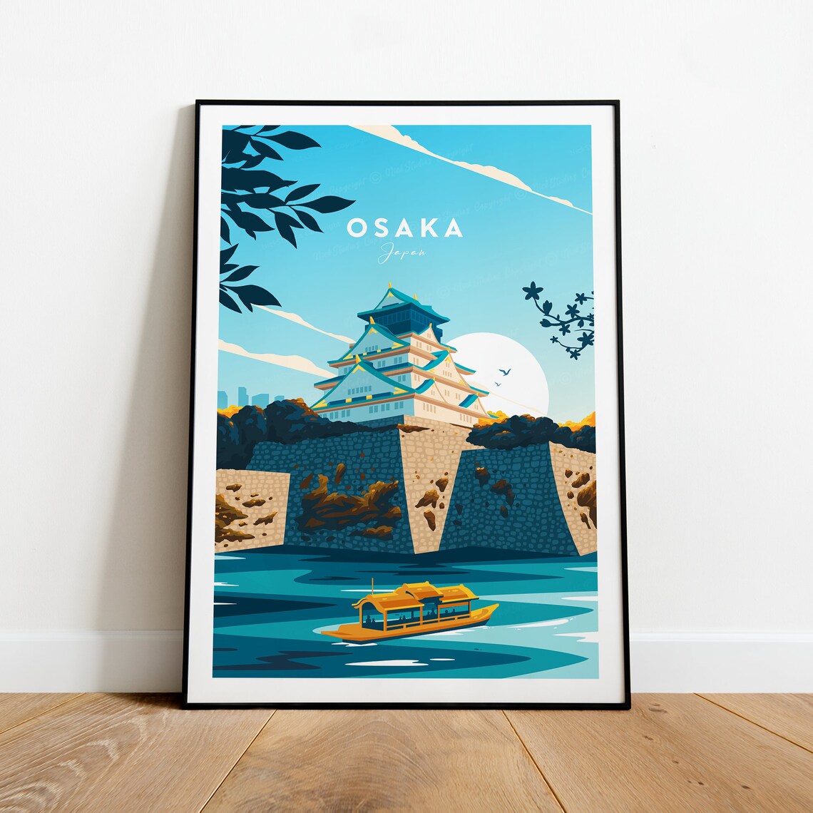Osaka Japan Castle Moat Golden Tour Boat Sunny Day Travel Poster