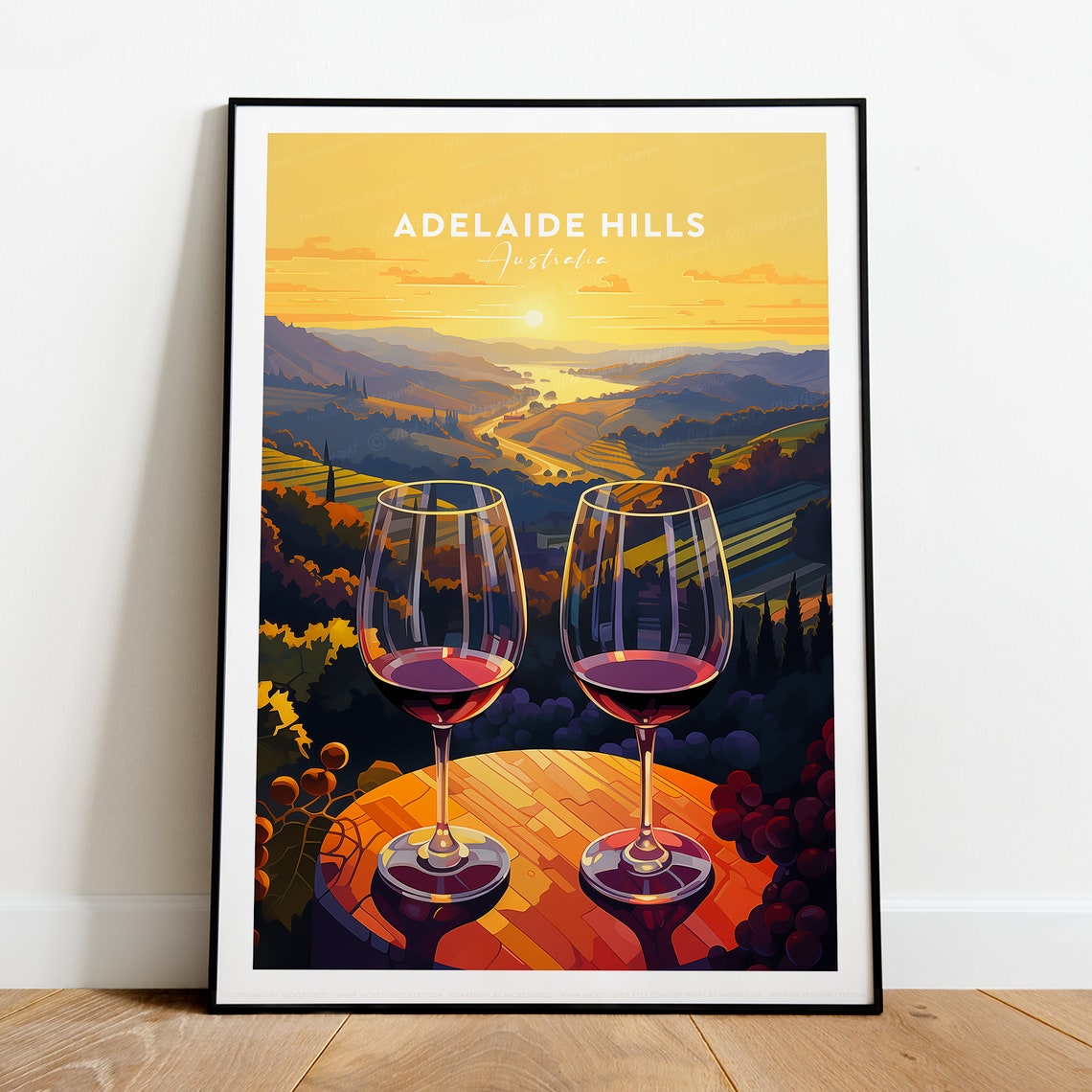 Adelaide Hills Australia Sunset Vineyard Wine Glass View Poster - Image 2