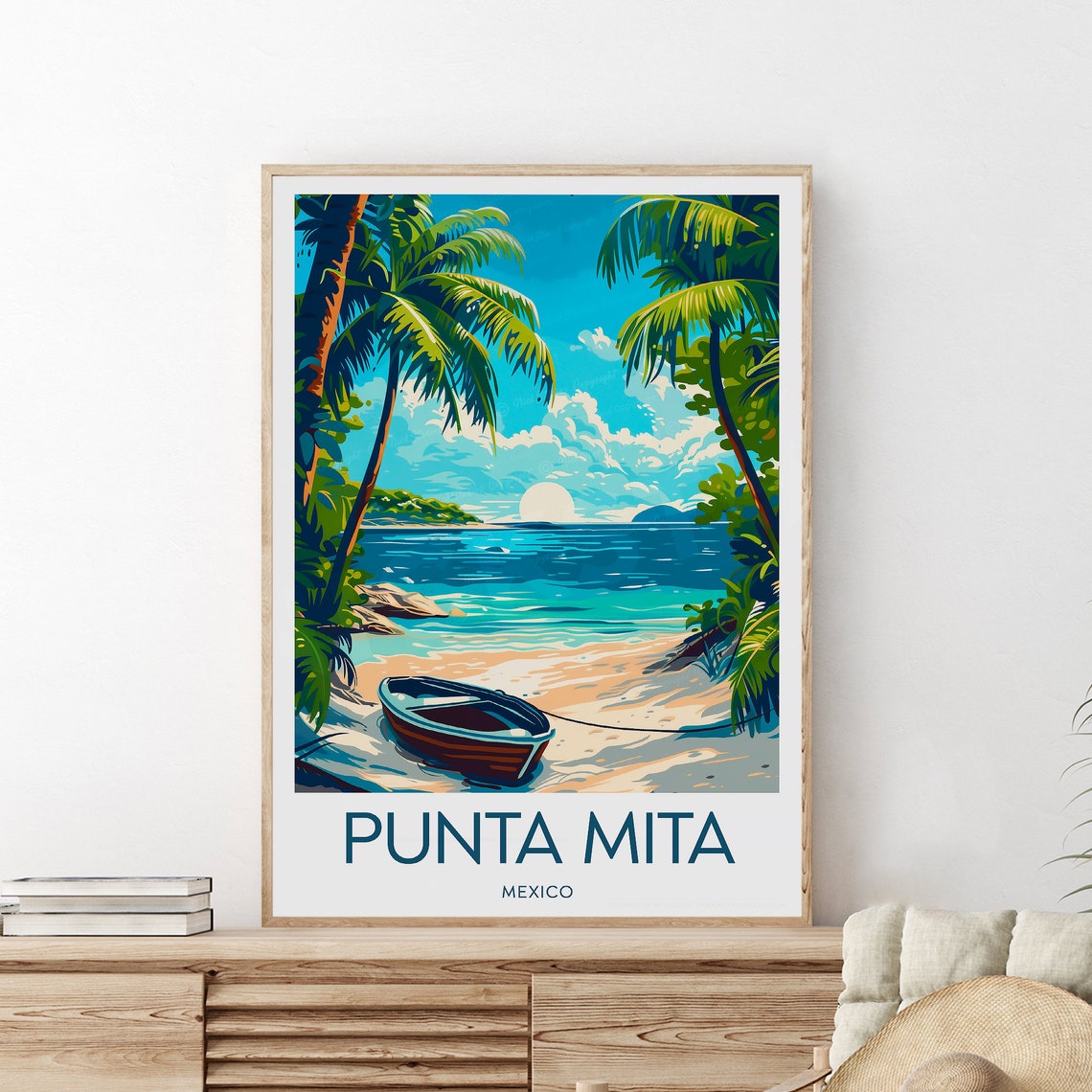Punta Mita Mexico Tropical Beach Wooden Boat Under Palms Poster - Image 2