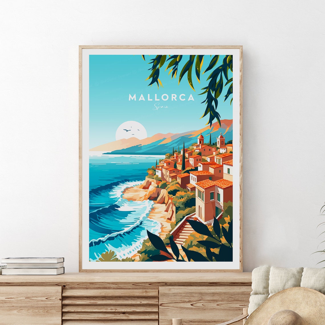Mallorca Spain Cliffside Coastal Village Sunset Travel Poster