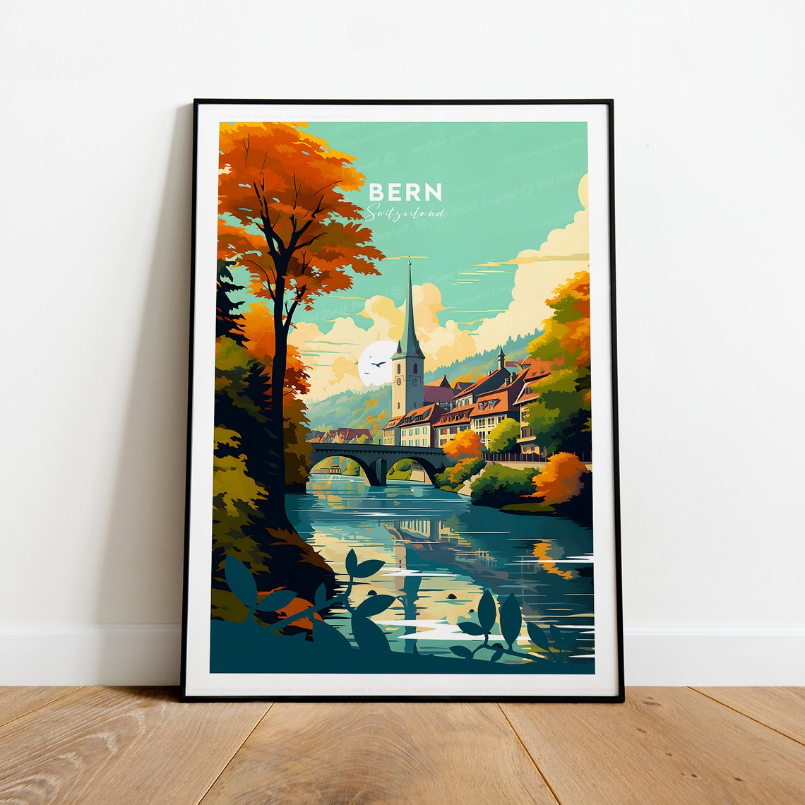 Bern Old Town Stone Bridge Over River in Autumn Travel Poster