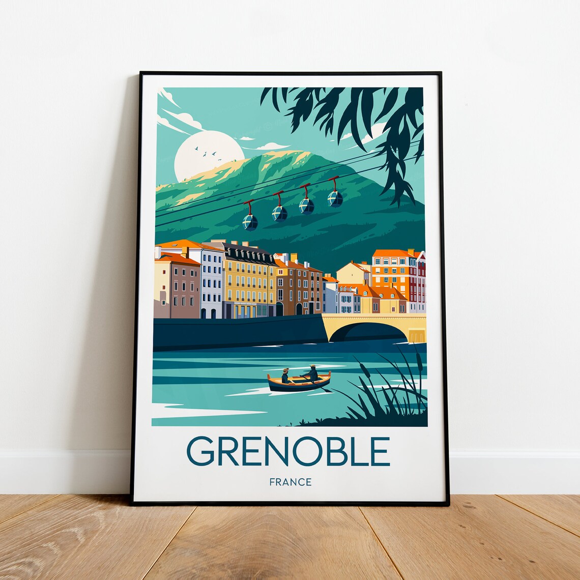 Grenoble France Riverside Cable Car Mountain Cityscape Travel Poster