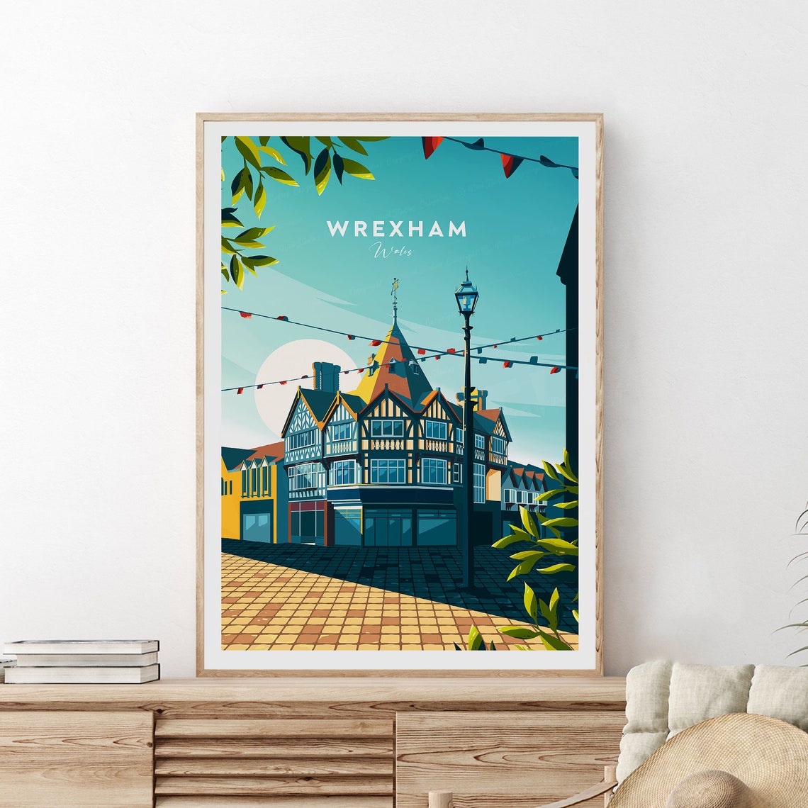Wrexham Wales Historic Timber Framed Town Street Travel Poster