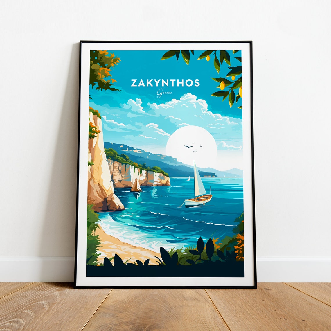 Zakynthos Greece Cliffs Sailboat Turquoise Bay Travel Poster - Image 2