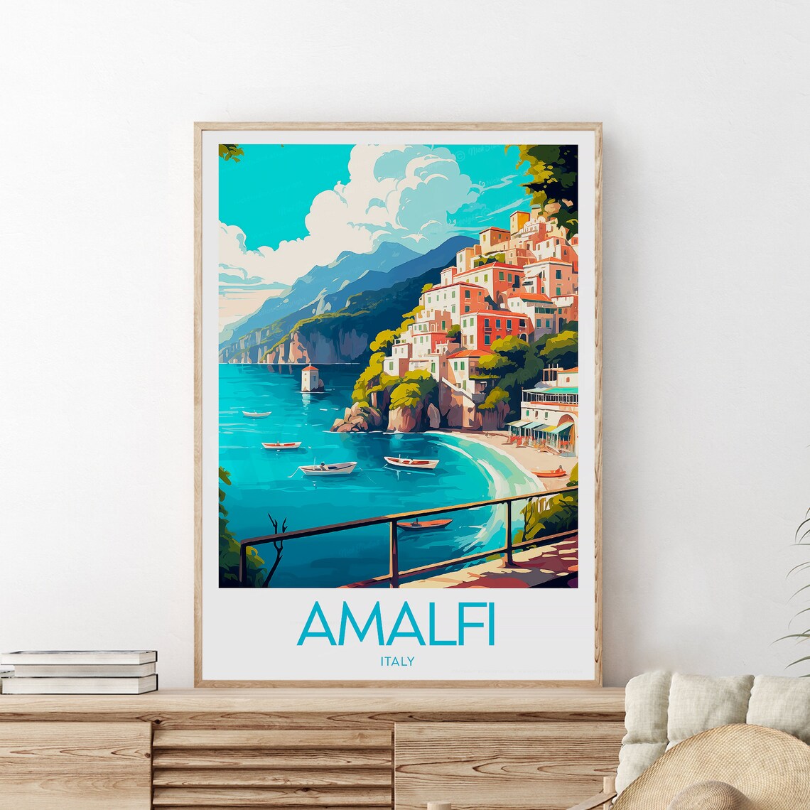 Amalfi Italy Cliffside Town Turquoise Bay Boats Travel Poster - Image 2