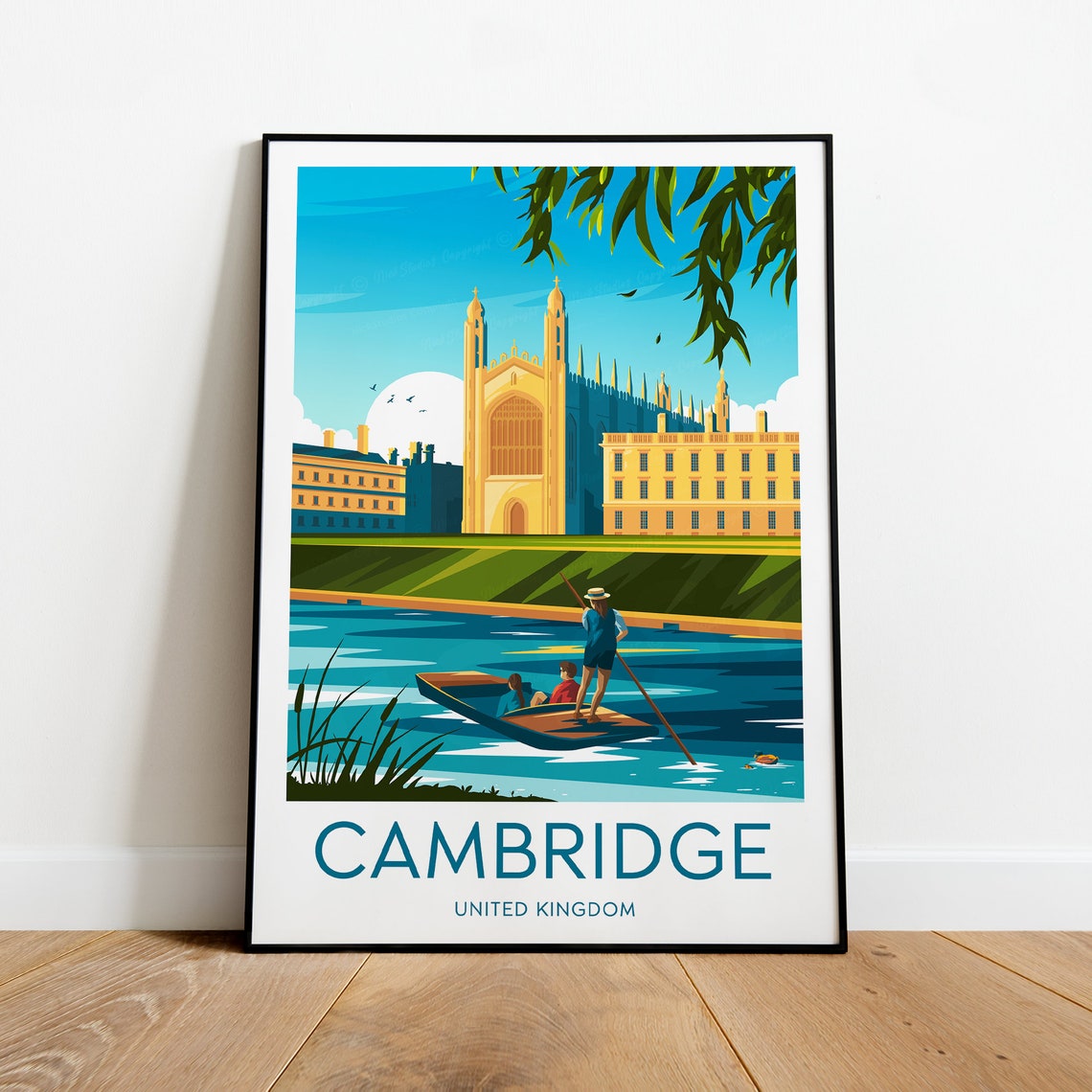 Cambridge England Kings College Punting River Cam Scene Poster