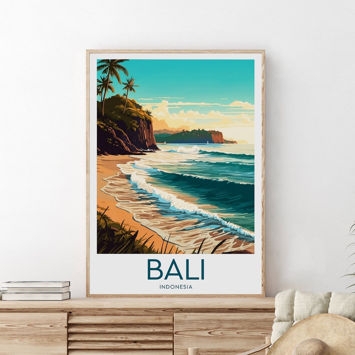 Bali Indonesia Tropical Beach Palm Trees Surf Waves Travel Poster - Image 2