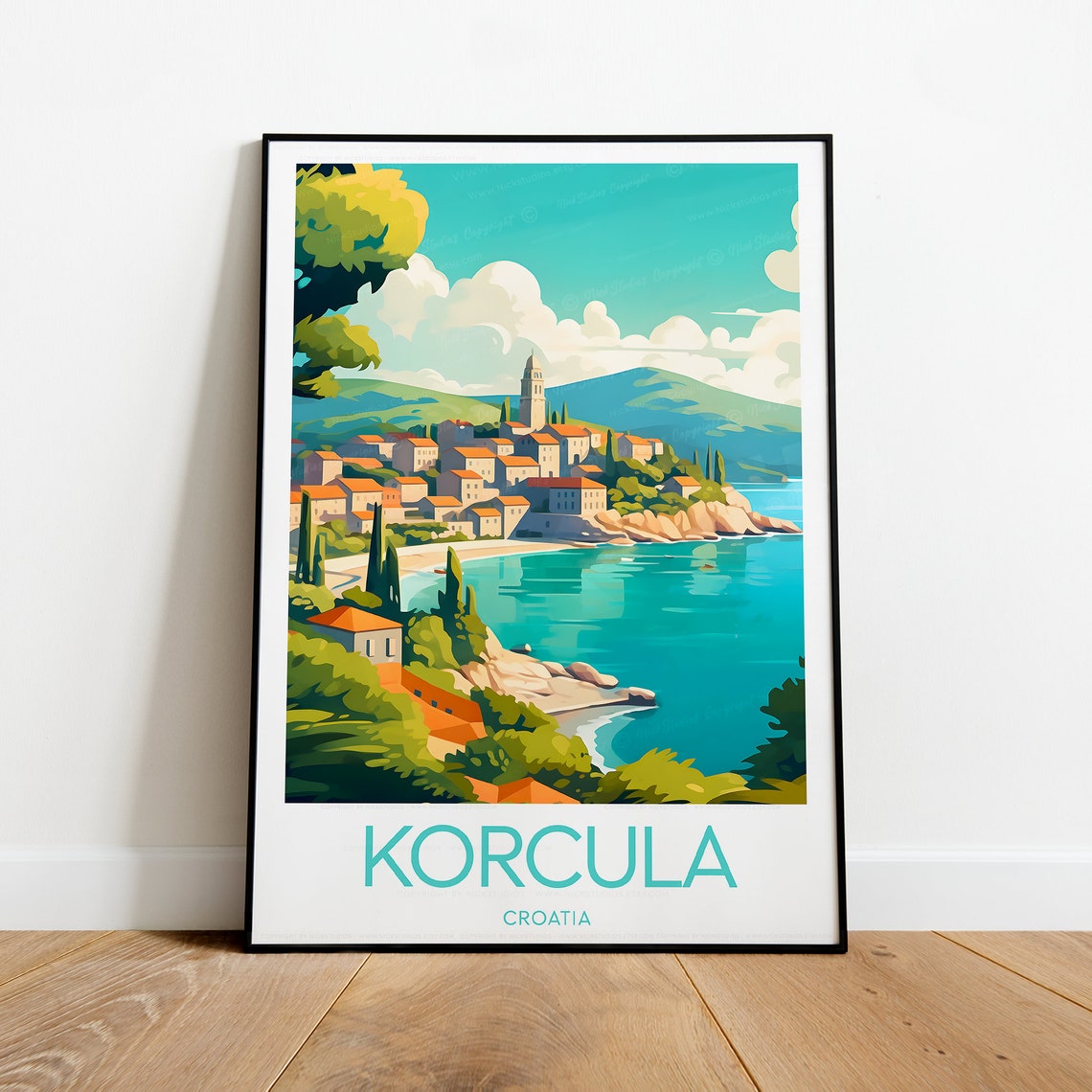 Korcula Croatia Hillside Bell Tower and Adriatic Bay Travel Poster