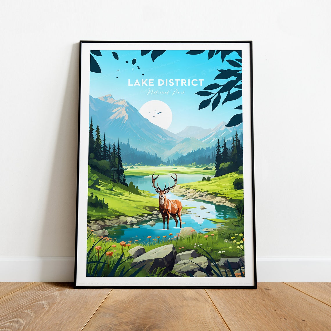 Lake District National Park Stag by Mountain Lake Travel Poster