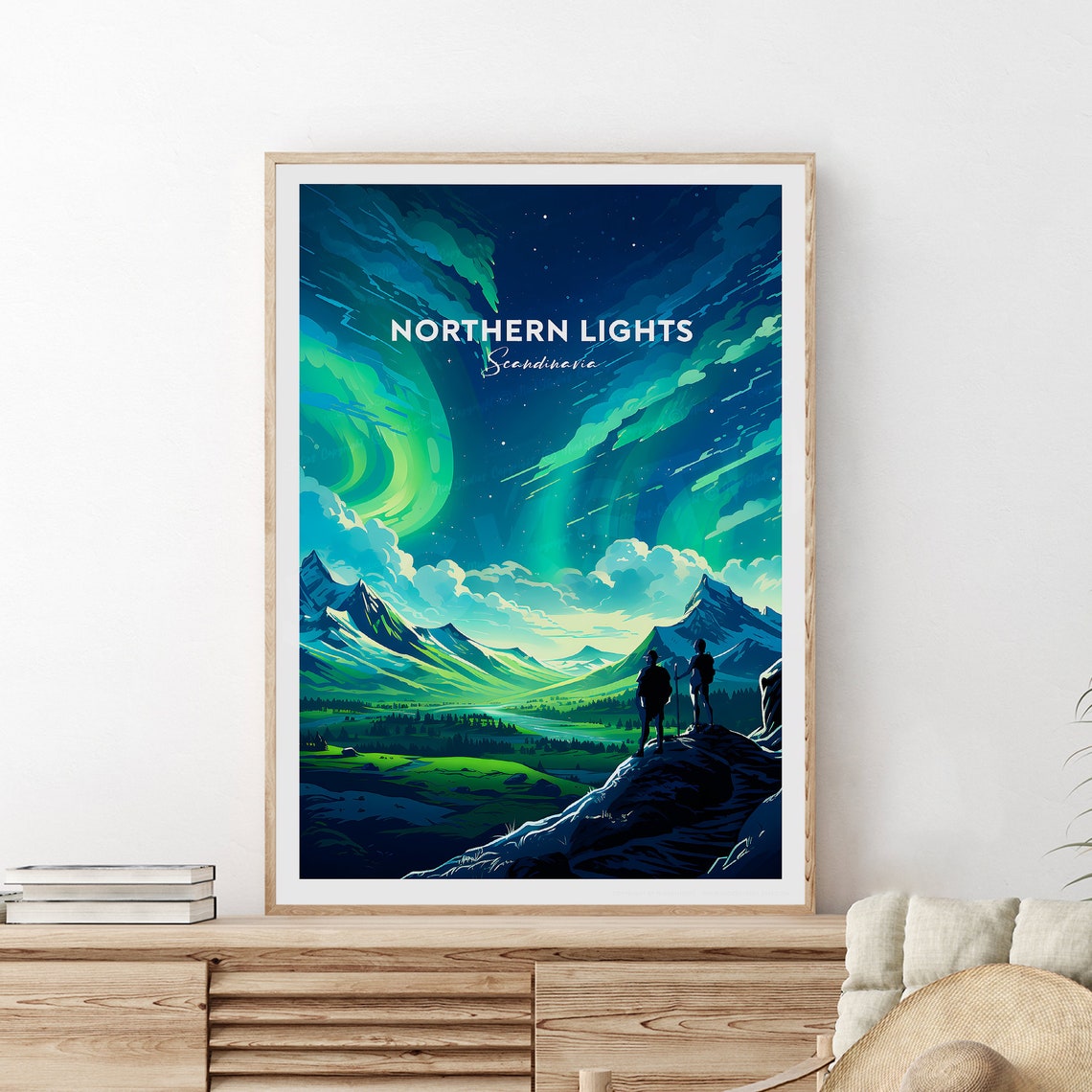 Northern Lights Scandinavia Aurora Mountain Night Sky Travel Poster