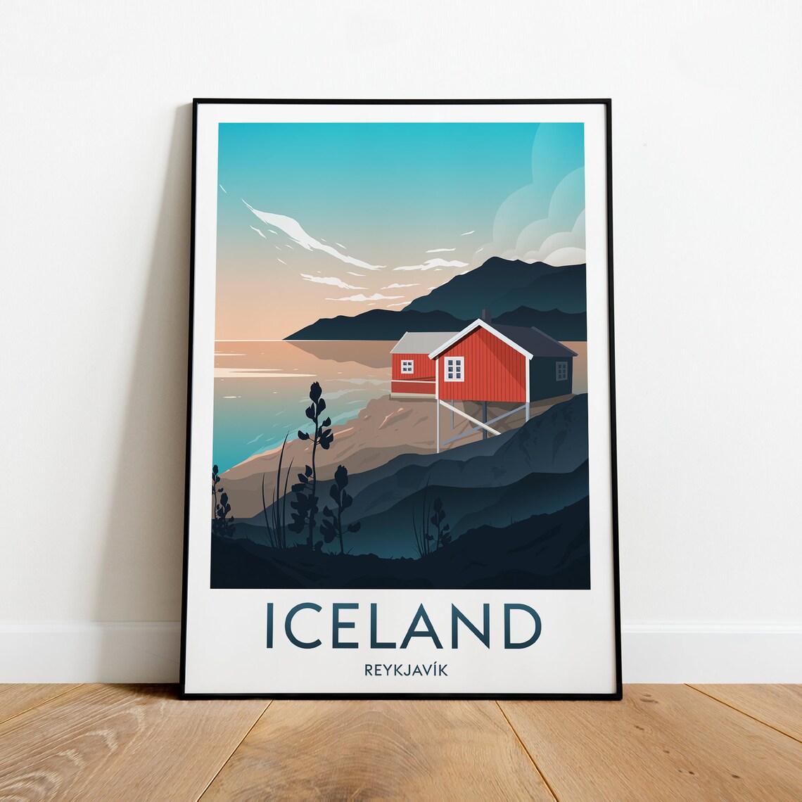 Iceland Reykjavik Red Cabin Fjord Twilight Nordic Travel Poster - Image 2