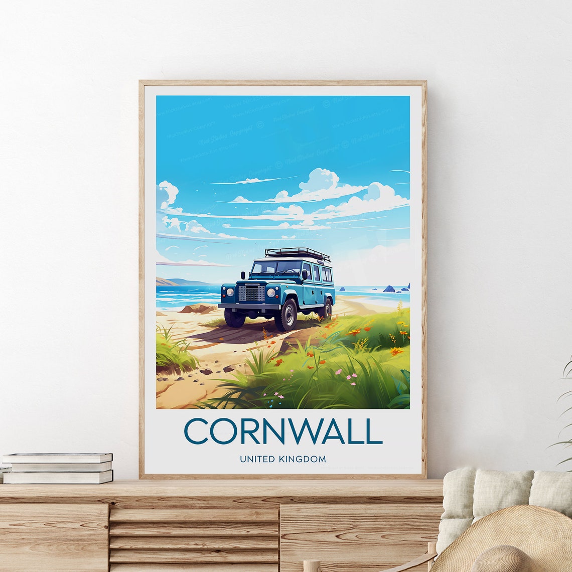 Cornwall United Kingdom Land Rover Coastal Beach Track Travel Poster - Image 2