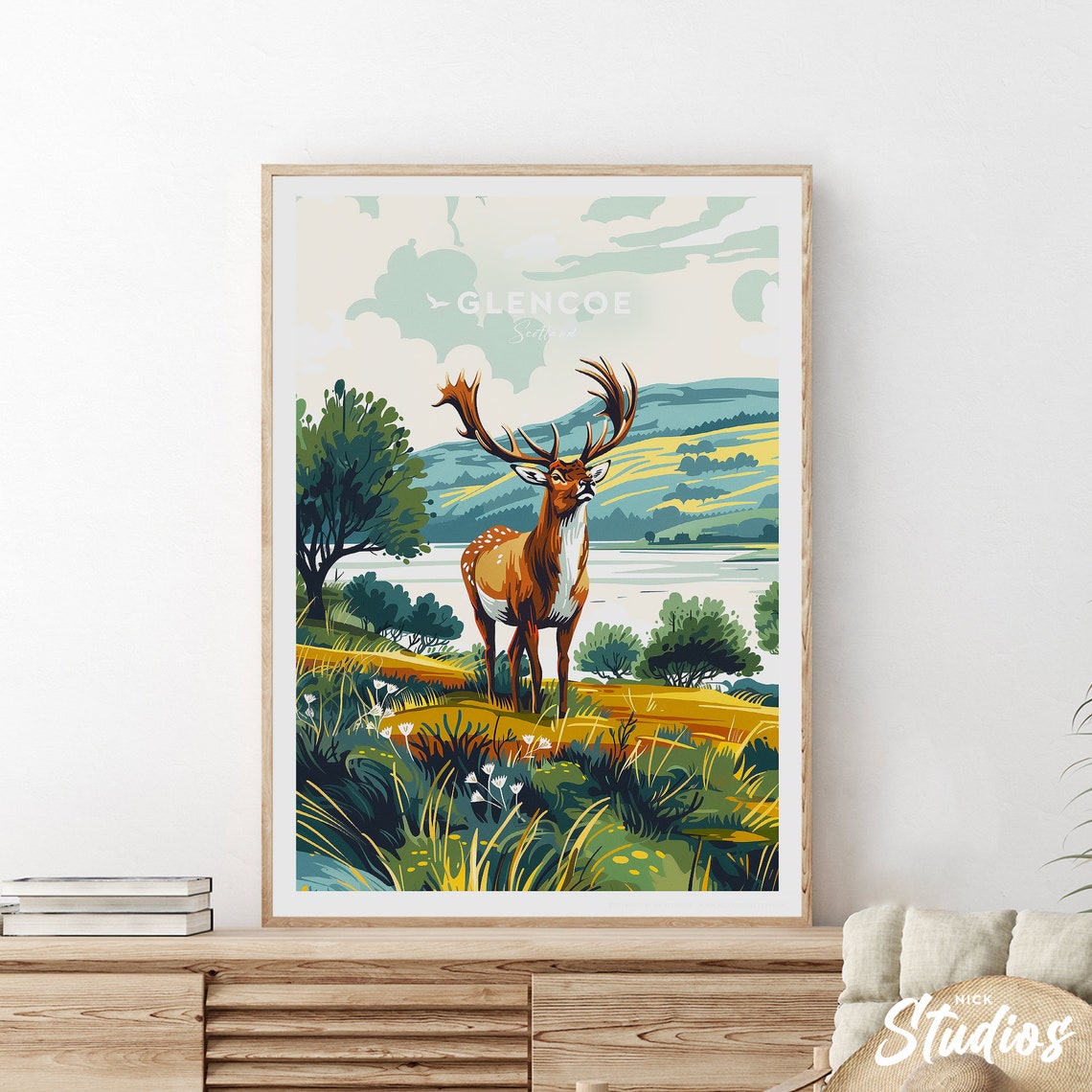 Glencoe Scotland Traditional Stag Loch Meadow Travel Poster Art