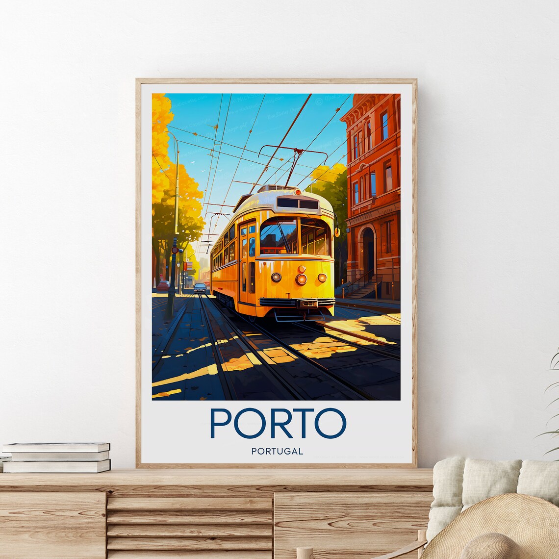 Porto Portugal Classic Yellow Tram Historic City Street Travel Poster