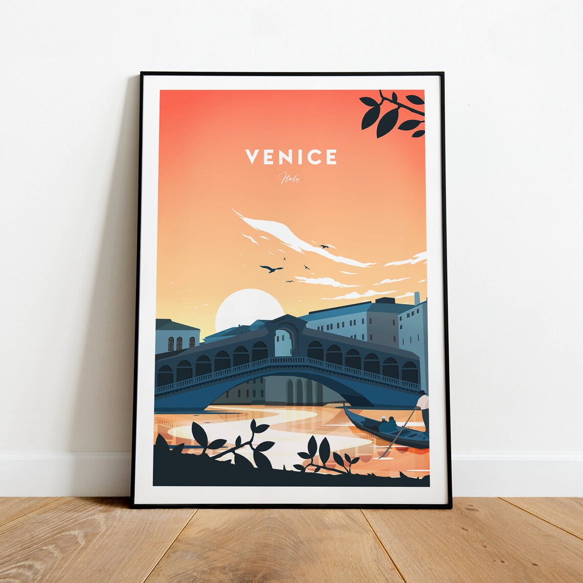 Venice Italy Rialto Bridge Gondolier Golden Sunset Travel Poster