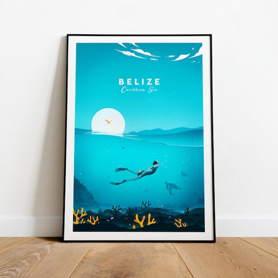 Belize Caribbean Sea Snorkel Diver Coral Reef Turtle Dive Travel Poster