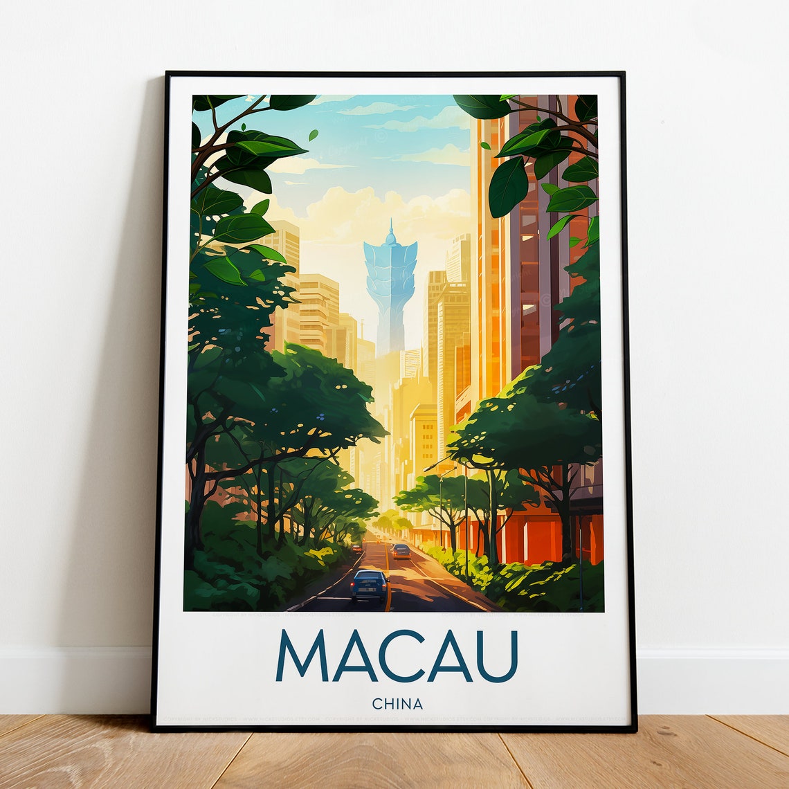 Macau China Tree Lined Avenue to the Iconic Macau Tower Poster - Image 2