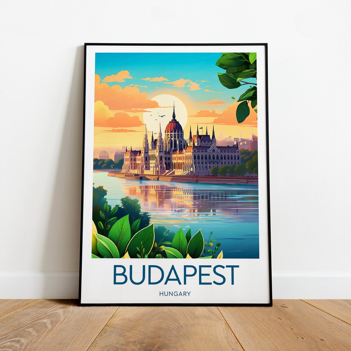 Budapest Parliament Danube Sunset Hungary Vintage Travel Poster